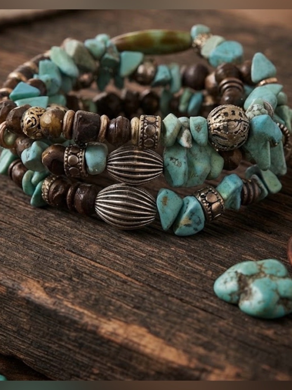 Turquoise and tiger eye Beaded Wrap Bracelet Stack - Women Jewelry